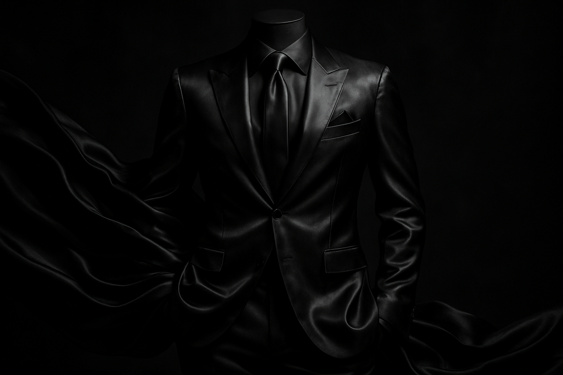 make me a all dark outfit make it ani,mated silk black those suits that u see at those vip parties make it dark eveil sinister rich powerful and with a cursive A placed discreetly 