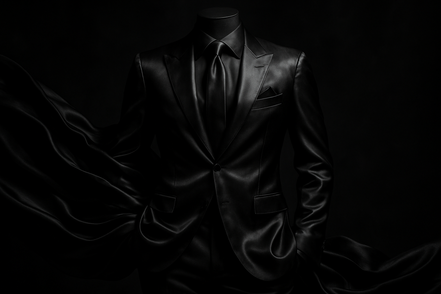 make me a all dark outfit make it ani,mated silk black those suits that u see at those vip parties make it dark eveil sinister rich powerful and with a cursive A placed discreetly 