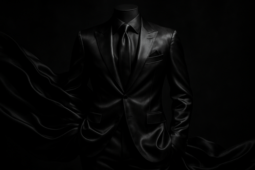 make me a all dark outfit make it ani,mated silk black those suits that u see at those vip parties make it dark eveil sinister rich powerful and with a cursive A placed discreetly 