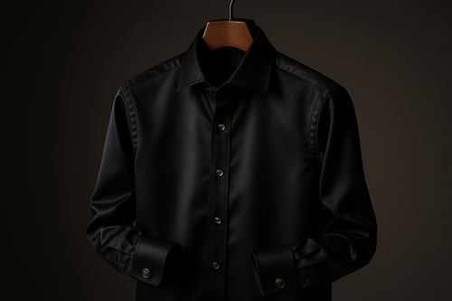 make me a black very dark expensive button uo shirt only very important people wear make it look real give it good lighting and make it exquisit