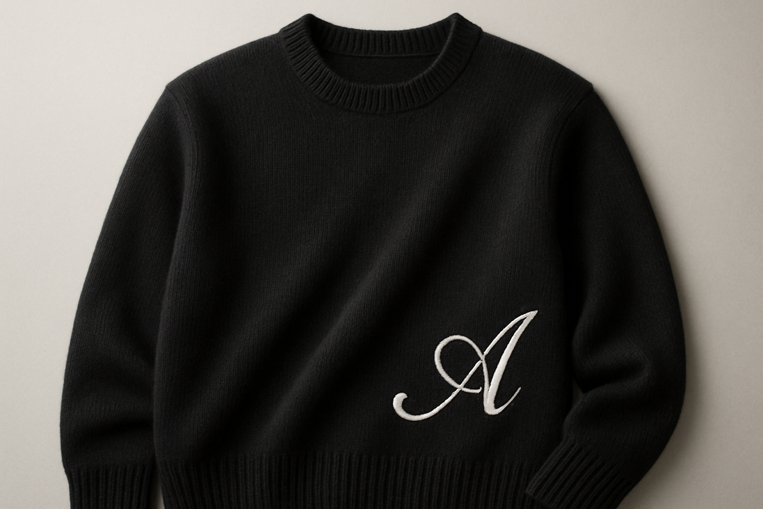 pollheim gorgeous fabric black knitted sweater with cursive A on side logo