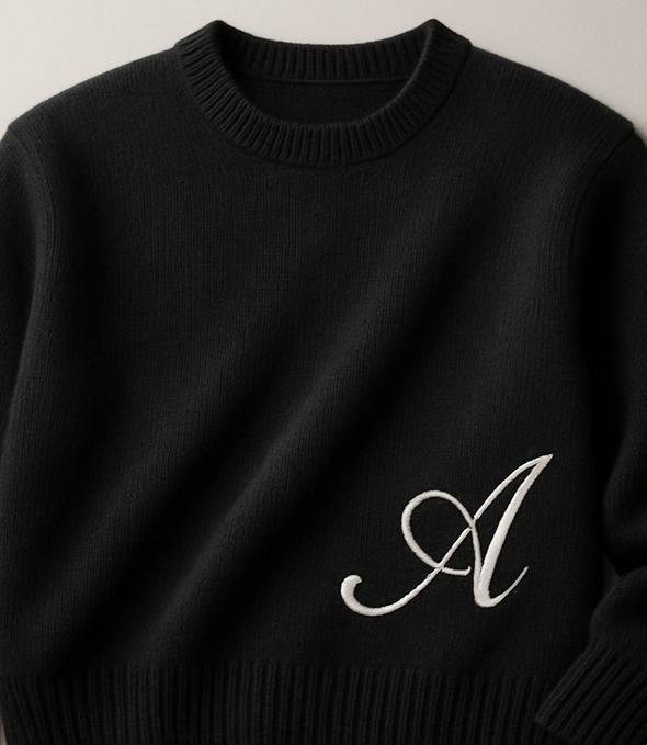 pollheim gorgeous fabric black knitted sweater with cursive A on side logo