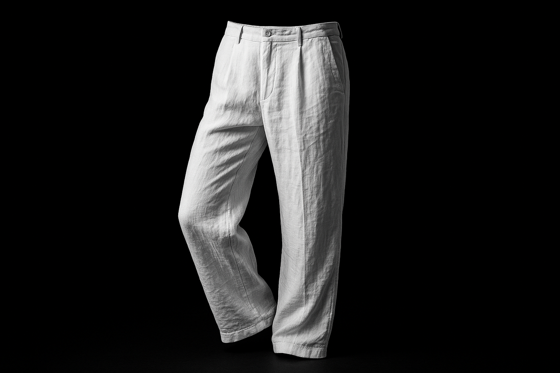 white linen luxurious with a black background helping the linen pants pop like in advertisments
