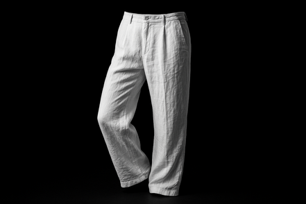 white linen luxurious with a black background helping the linen pants pop like in advertisments