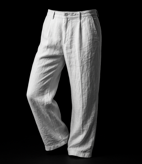 white linen luxurious with a black background helping the linen pants pop like in advertisments